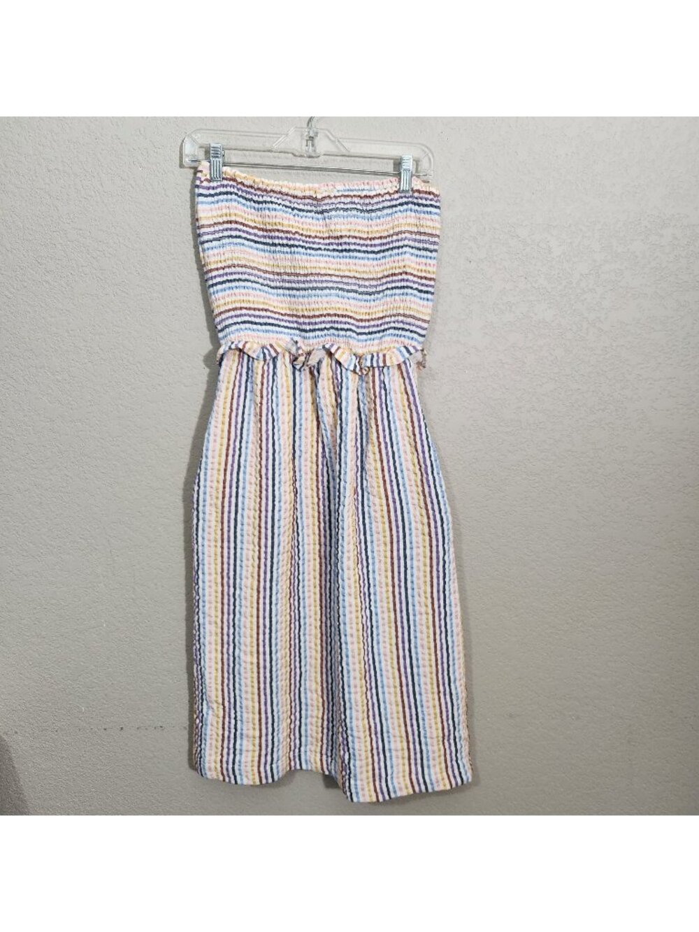 Striped Strapless Smocked Dress By Saturday/Sunday Size L Rainbow Pastel Ru